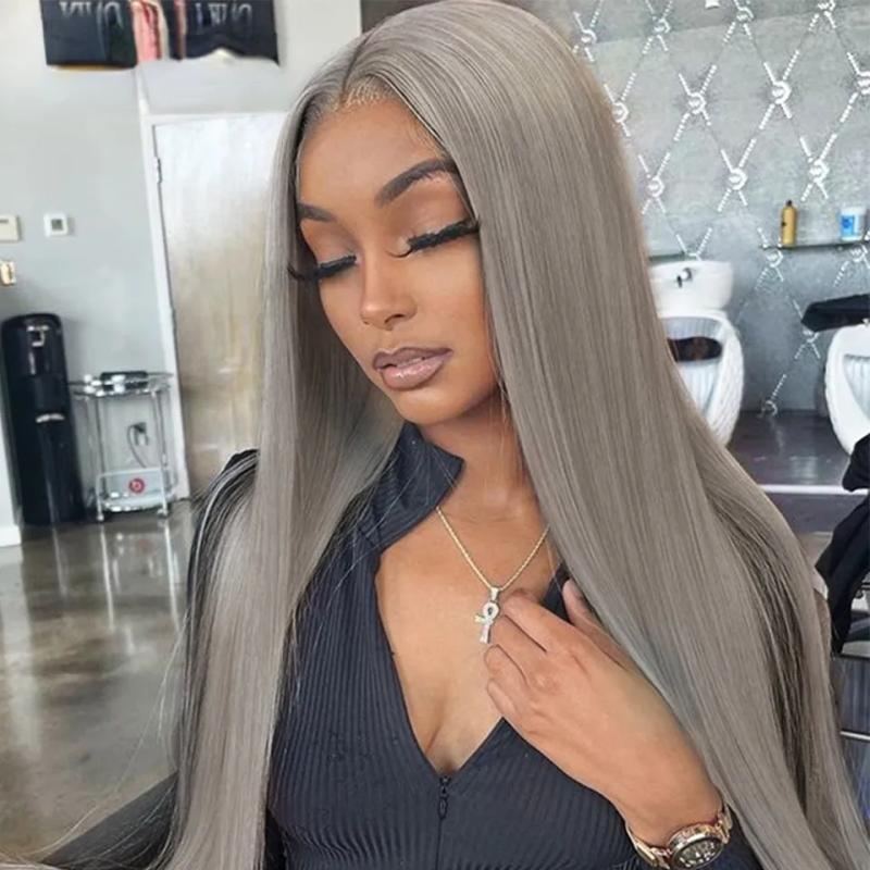 Hair Wigs | Brazilian Human Hair Grey Colored Lace Front Wigs For Women Hd Transparent Lace Gray Frontal Wig Pre Plucked Bone Straight Wig Synthetic Mixed Preplucked Hair Wigs 613 Blonde Color