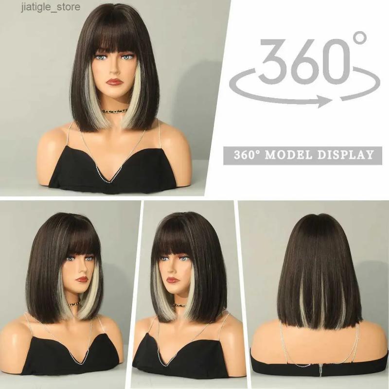 Hair Wigs | Synthetic Wigs 7Jhhwigs Black With White Bob Wigs With Bangs Short Straight Wigs For Women Highlights Wig Cosplay Party Blackpink Korea Wig Y240401 Hair Wigs Auburn