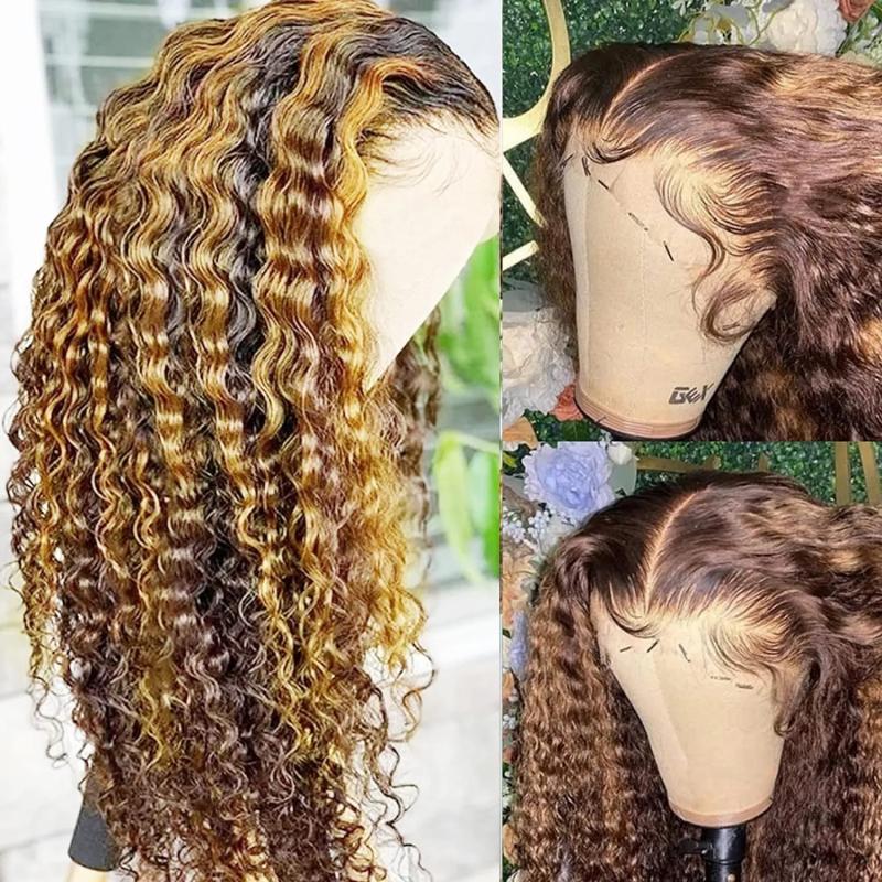 Lace Wigs | 4/27 Highlight Wig Brazilian Deep Wave Wig Highlight Lace Front Human Hair Wigs Honey Blonde Ombre Lace Front Wig Remy Lace Wigs Lace Wigs