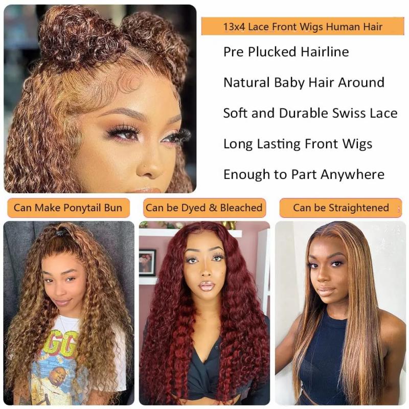 Lace Wigs | 4/27 Highlight Wig Brazilian Deep Wave Wig Highlight Lace Front Human Hair Wigs Honey Blonde Ombre Lace Front Wig Remy Lace Wigs Lace Wigs