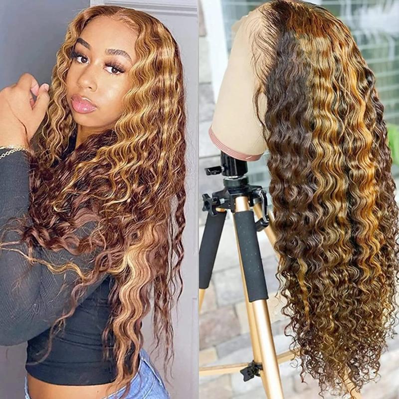 Lace Wigs | 4/27 Highlight Wig Brazilian Deep Wave Wig Highlight Lace Front Human Hair Wigs Honey Blonde Ombre Lace Front Wig Remy Lace Wigs Lace Wigs