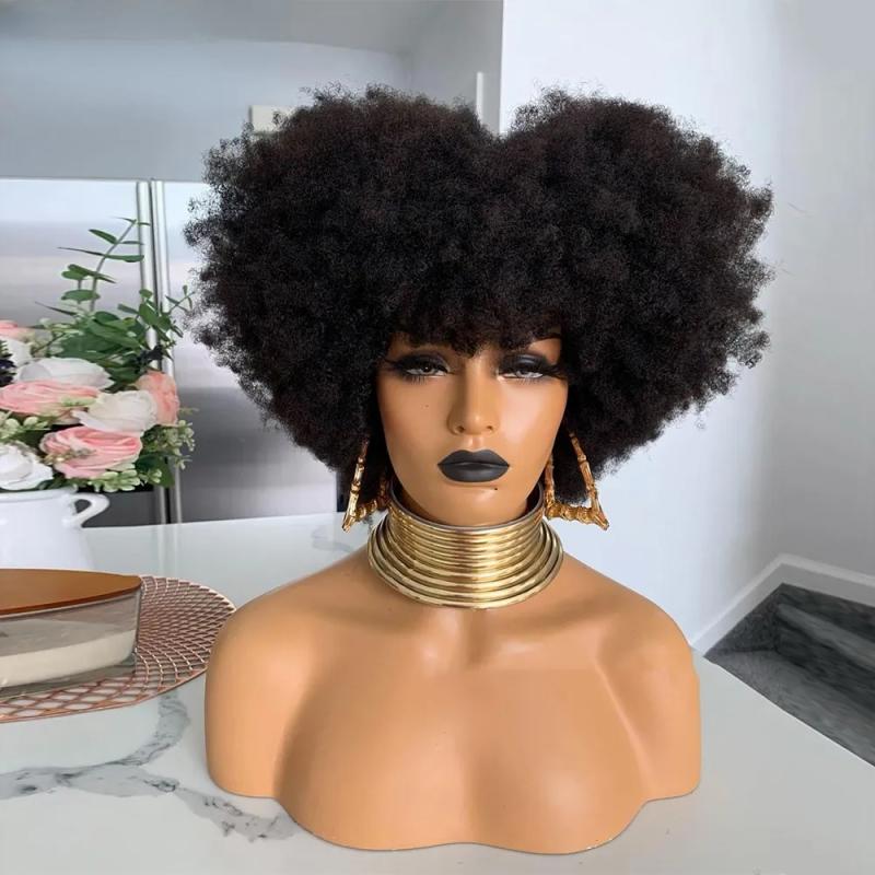 Synthetic Wigs* | Black Lace Front Human Hair Wigs With Bangs Short Bob Afro Kinky Curly Lace Frontal Wig For Black Women Full 180% Density Synthetic Wigs* Synthetic Wigs*