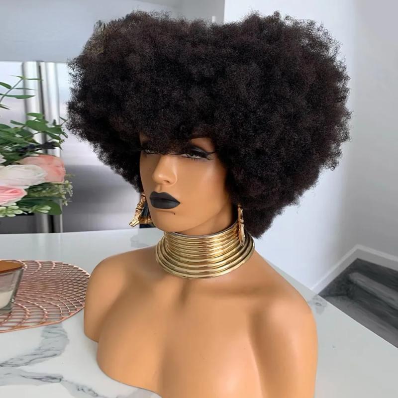 Synthetic Wigs* | Black Lace Front Human Hair Wigs With Bangs Short Bob Afro Kinky Curly Lace Frontal Wig For Black Women Full 180% Density Synthetic Wigs* Synthetic Wigs*