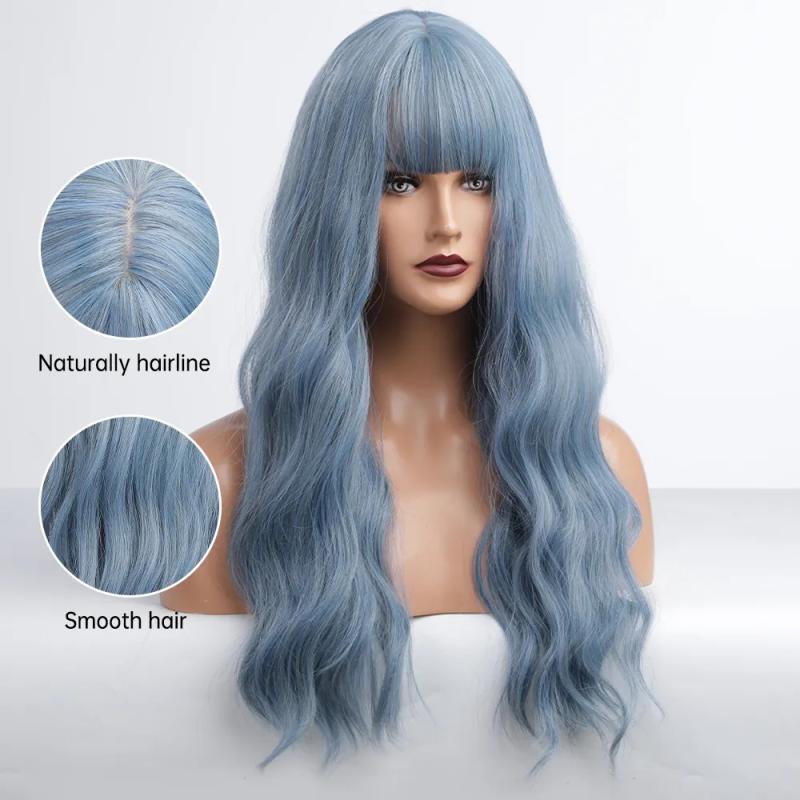 Synthetic Wigs* |  Gemma Long Water Wave Blue High Temperature For Black White Women Afro Cosplay Party Daily Hair With Bangs 230417 Synthetic Wigs* lc015-1