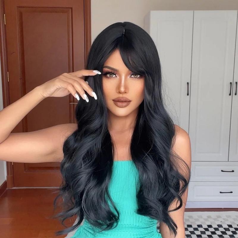 Synthetic Wigs* |  Haircube Long Black Wavy With Bangs For Women Body Wave Cosplay Daily Natural Hair Heat Resistant 230417 Synthetic Wigs* lc028-1