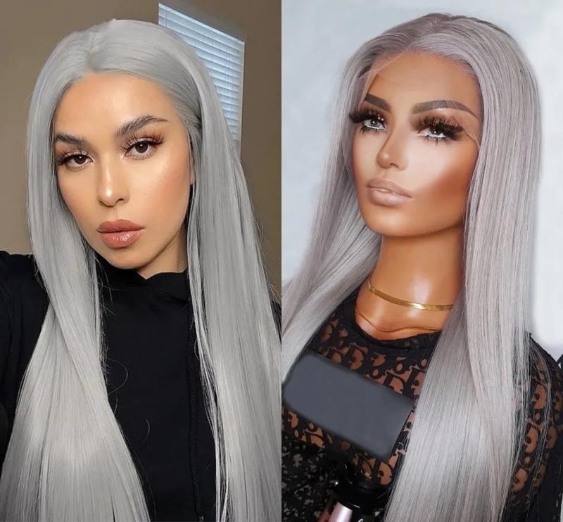 Synthetic Wigs* | Long Straight Gray Lace Front Wigs Heat Resistant Sliver Grey Synthetic Wig Natural Hair For Black Women Cosplay Synthetic Wigs* black