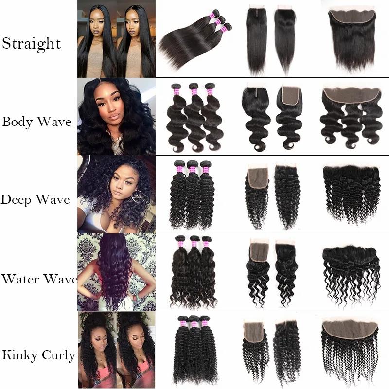 Hair Extensions | 10A Grade Human Hair Straight Body Deep Water Wave Kinky Curly Bundles With Lace Closure Frontal Brazilian Virgin Weave Weft Extensions Wet And Wavy Hair Extensions Hair Extensions