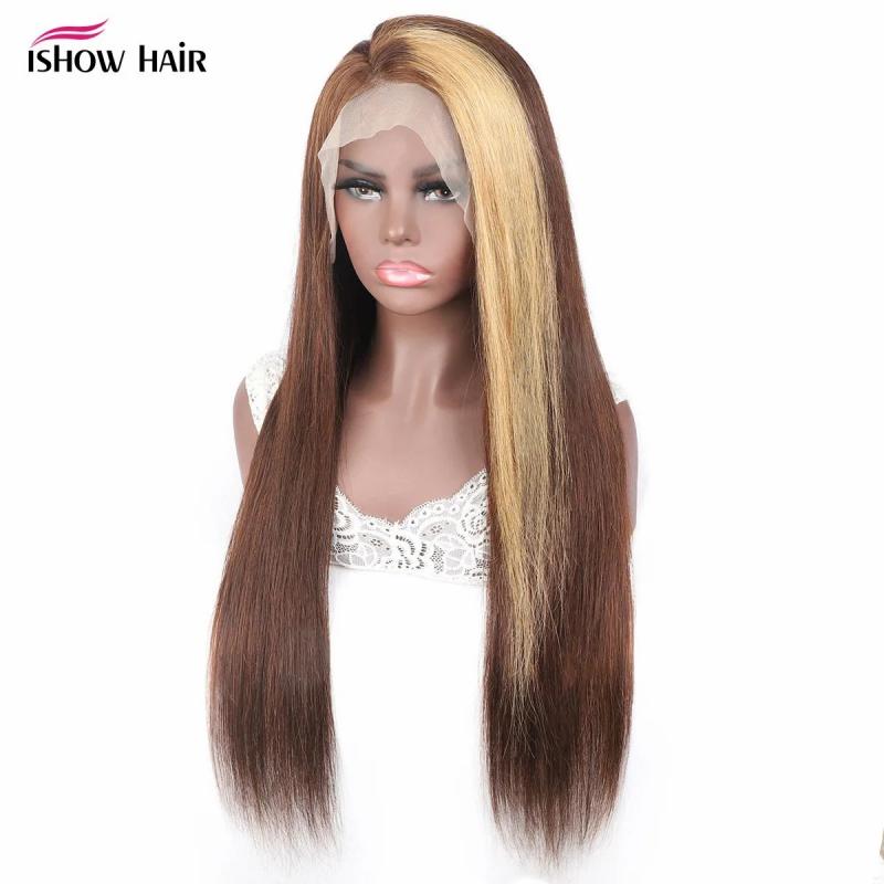 Lace Wigs | Ishow 28 30 Inch 150% 180% 250% High Density 4*4 Human Hair Wigs Transparent Lace Closure Wig Straight For Women Honey Blonde 4/27 Highlight Ombre Color Lace Wigs Lace Wigs