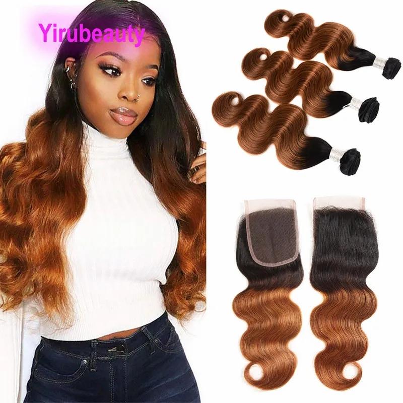 Hair Extensions | Peruvian Human Hair Bundles Ombre Hair With 4X4 Lace Closure 4 Pieces/Lot Body Wave 1B/30 Bundles With Closure Middle Three Free Part Hair Extensions Hair Extensions