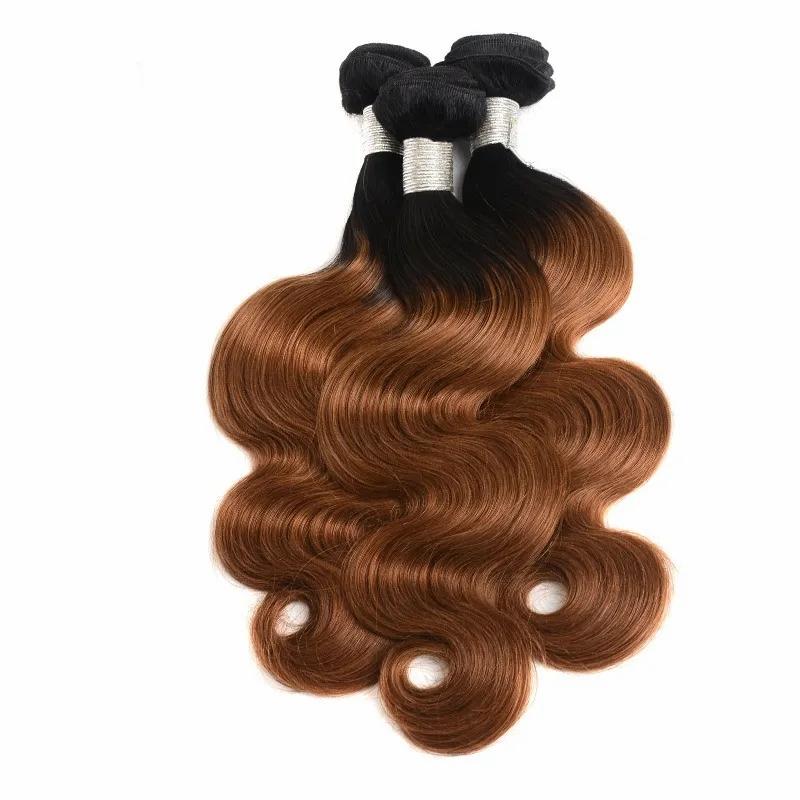 Hair Extensions | Peruvian Human Hair Bundles Ombre Hair With 4X4 Lace Closure 4 Pieces/Lot Body Wave 1B/30 Bundles With Closure Middle Three Free Part Hair Extensions Hair Extensions