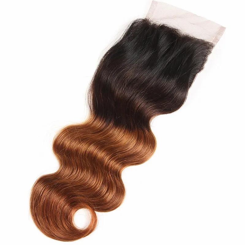 Hair Extensions | Peruvian Human Hair Bundles Ombre Hair With 4X4 Lace Closure 4 Pieces/Lot Body Wave 1B/30 Bundles With Closure Middle Three Free Part Hair Extensions Hair Extensions