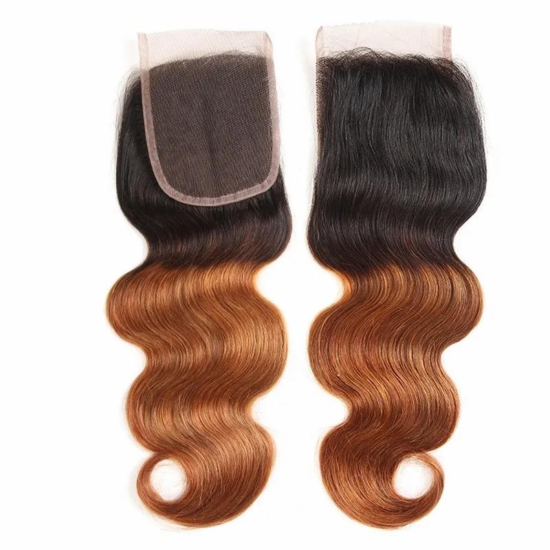 Hair Extensions | Peruvian Human Hair Bundles Ombre Hair With 4X4 Lace Closure 4 Pieces/Lot Body Wave 1B/30 Bundles With Closure Middle Three Free Part Hair Extensions Hair Extensions