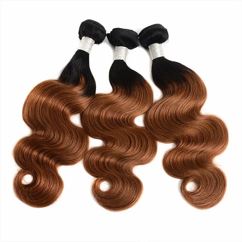 Hair Extensions | Peruvian Human Hair Bundles Ombre Hair With 4X4 Lace Closure 4 Pieces/Lot Body Wave 1B/30 Bundles With Closure Middle Three Free Part Hair Extensions Hair Extensions