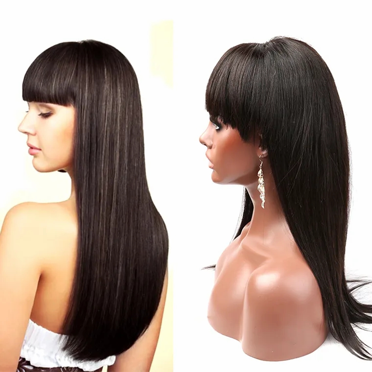 Remy Hair & Virgin Hair | Full Lace Straight Wigs With Bangs Human Hair Wigs For Black Women None Lace Front Wigs Brazilian Virgin Hair Glueless Machine Made Wig Greatremy